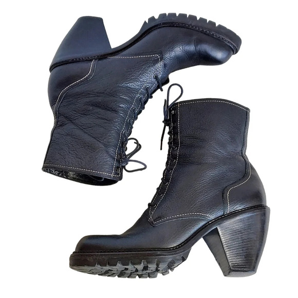 Via Spiga Black  Pebbled and Smooth Leather Cone Heeled Combat Boots - Picture 10 of 15